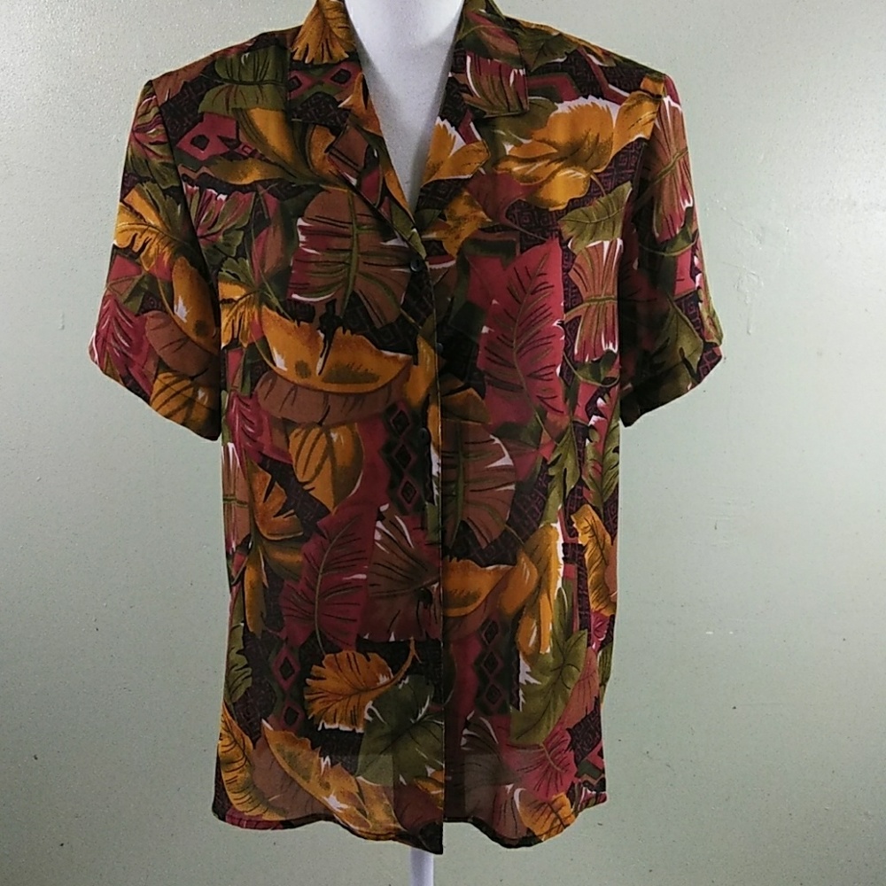 Dana Gibson Semi-sheer Leaves Print Blouse - PL - NWOT
